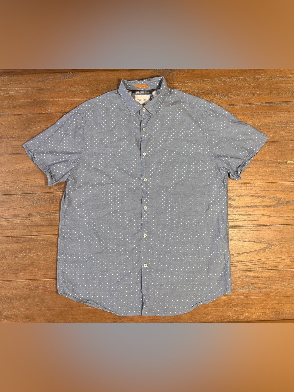 Denim & Flower Light Blue Short-Sleeve Button-Up with White Microdots